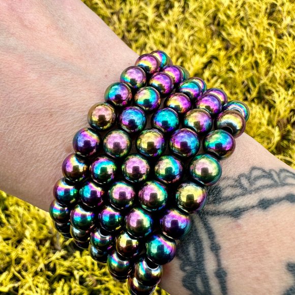 **SOLD**8mm Colorful Aura Hematite Beaded Bracelet - Picture 5 of 6
